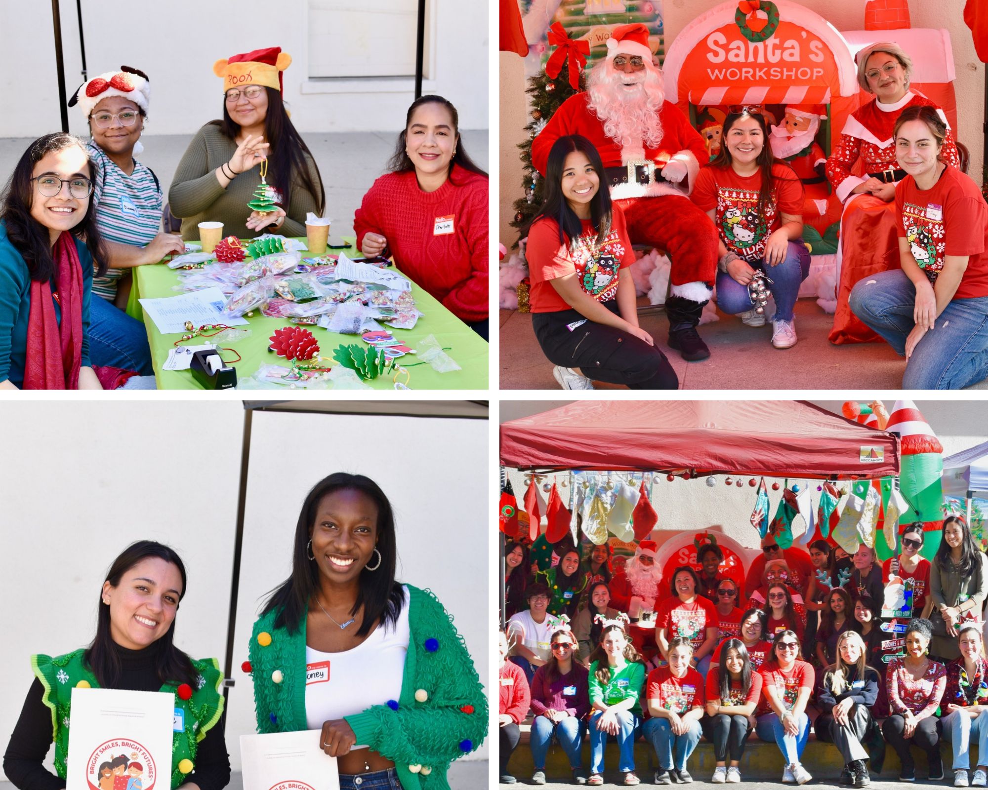Collage of WesternU student volunteers at Santa's Workshop: volunteers in festive hats making ornaments at a craft table, volunteers posing with Santa and Mrs. Claus in front of the Santa's Workshop photo backdrop, two volunteers in holiday sweaters holding gift bags, and a large group photo of volunteers under a decorated tent.